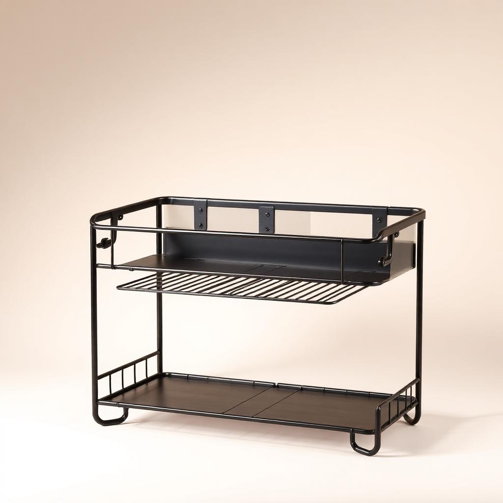 Two-tier expandable under-sink organizer in matte black with adjustable shelves