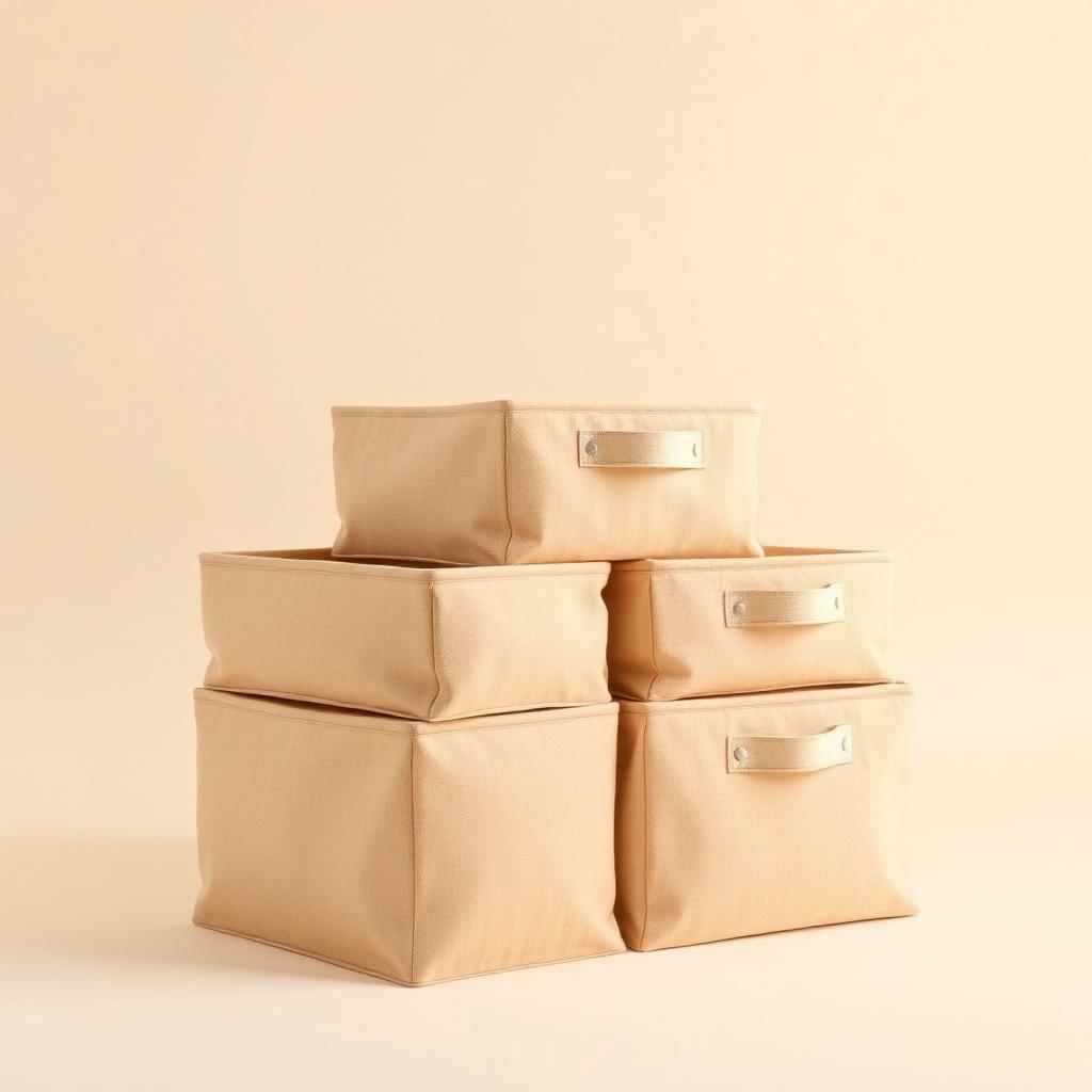 Four folded fabric storage cubes in warm beige stacked together