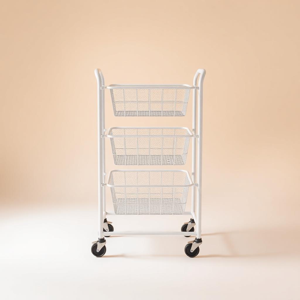Slim three-tier rolling utility cart in white with mesh baskets