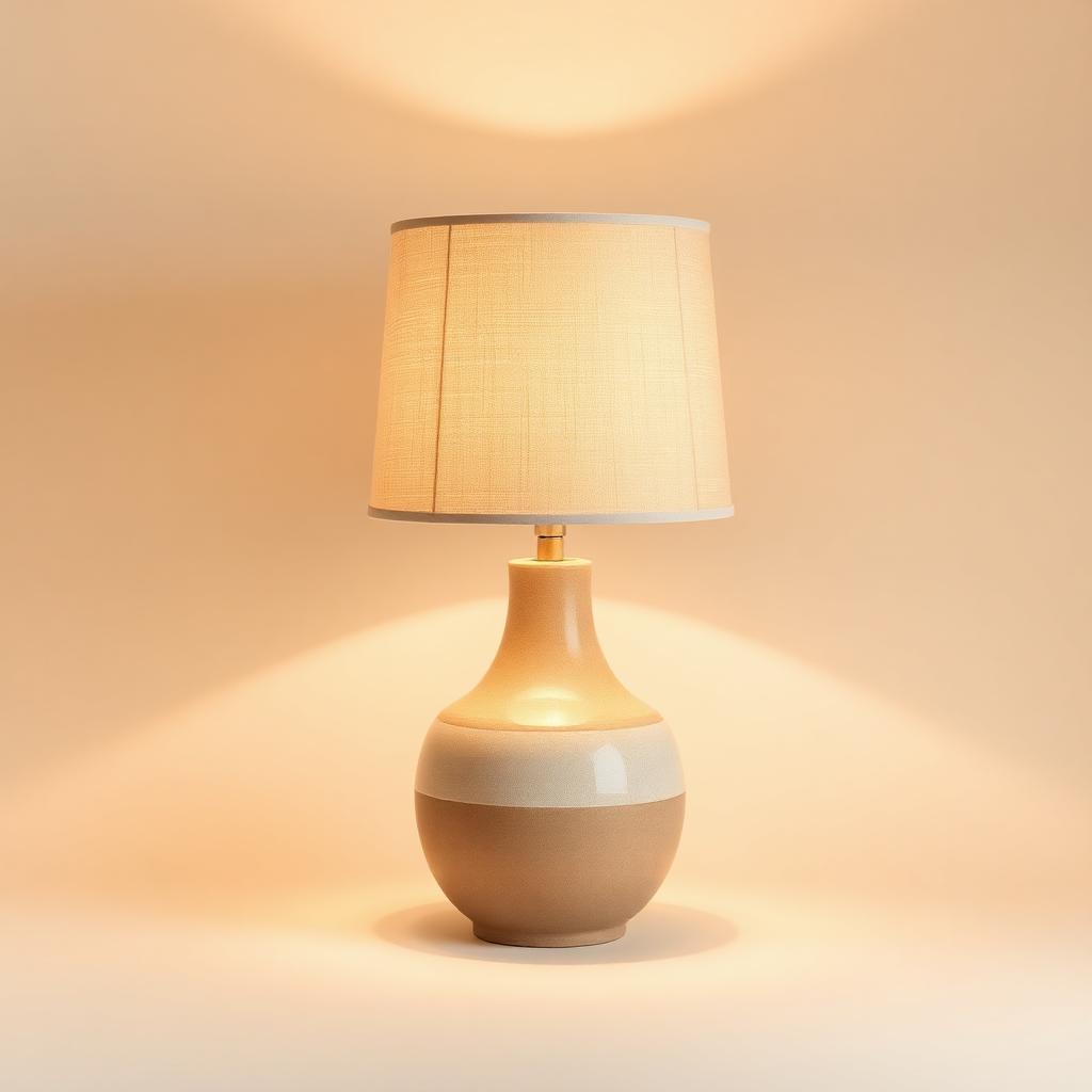Ceramic bedside table lamp with a warm linen shade in sand color