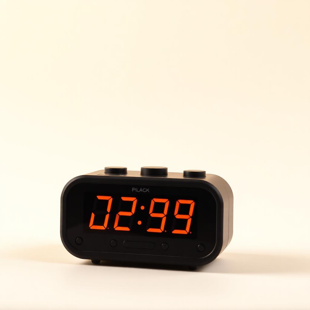 Digital bedside alarm clock with a large amber display in matte black