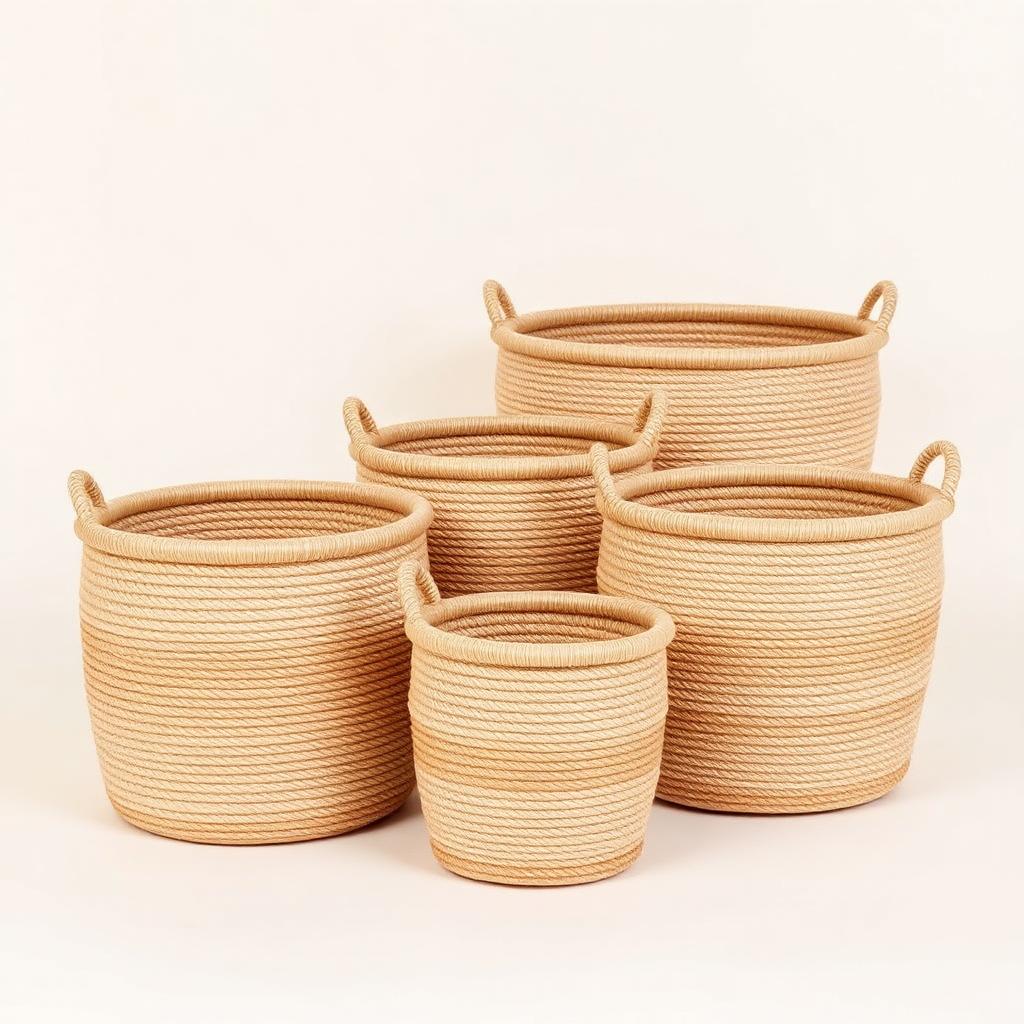 Three nested woven cotton rope storage baskets in natural color