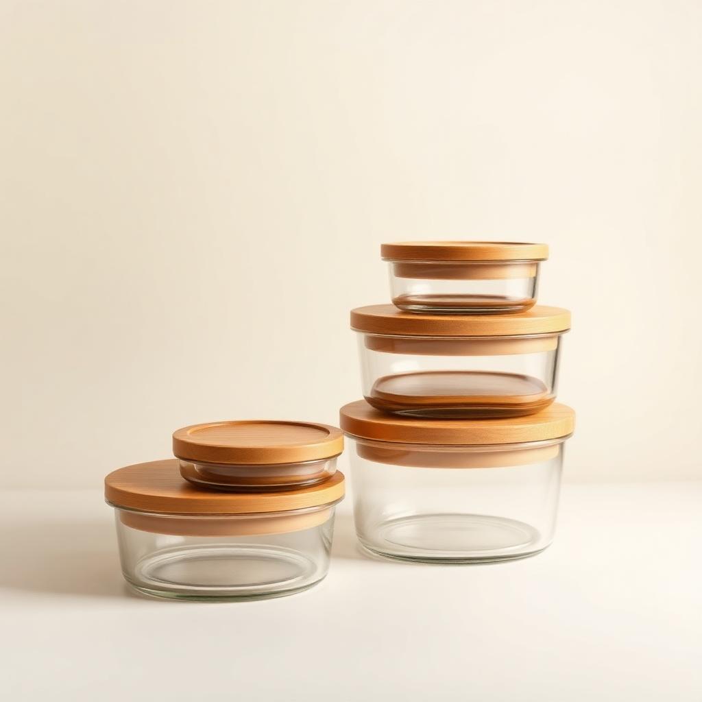 Set of five glass meal-prep containers with bamboo lids, nested and stacked