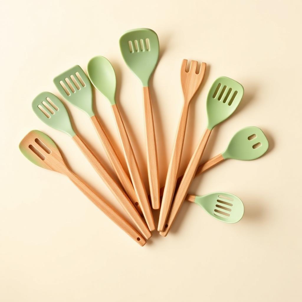 Seven silicone cooking utensils with beechwood handles in sage color