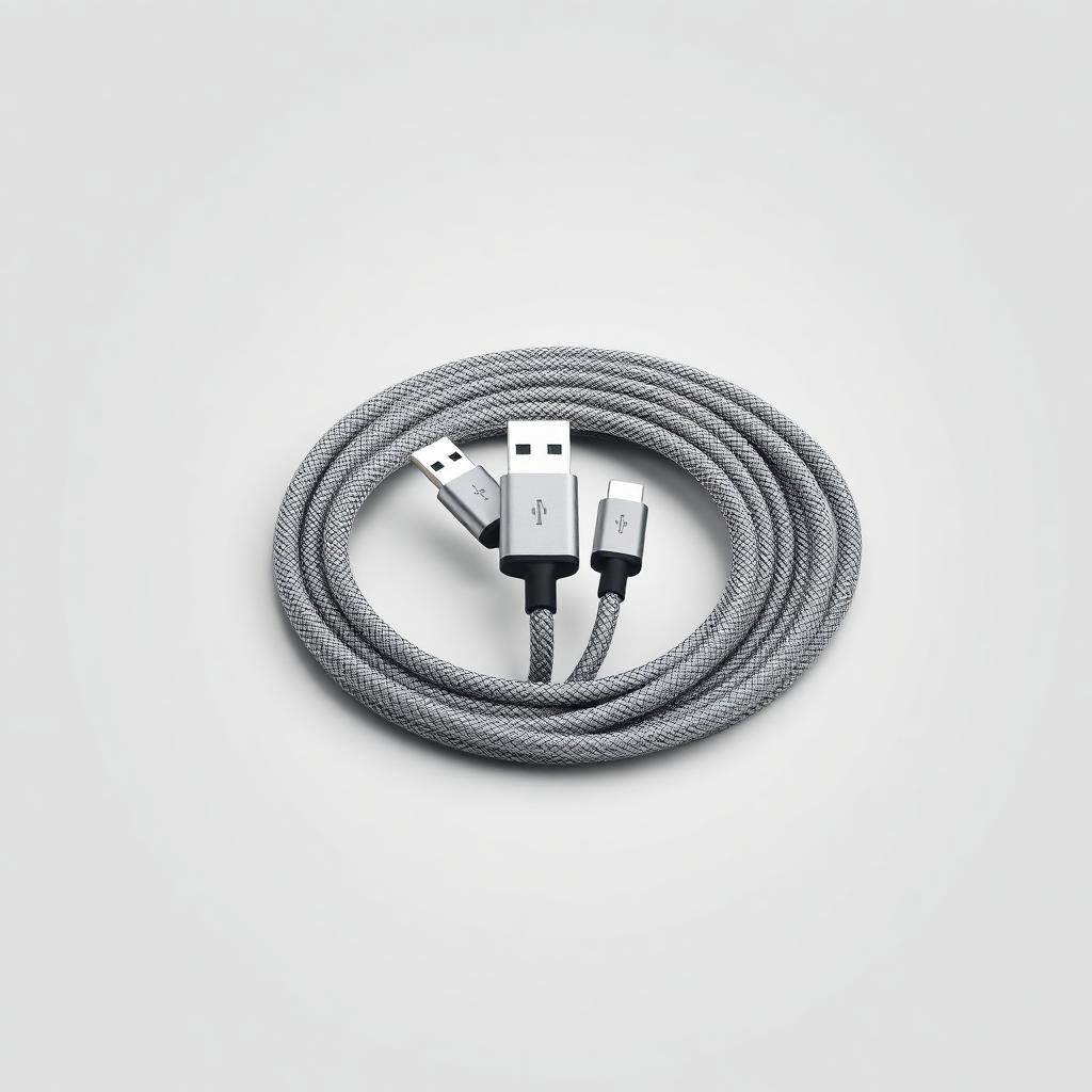 Three braided USB-C cables in space gray, coiled and stacked