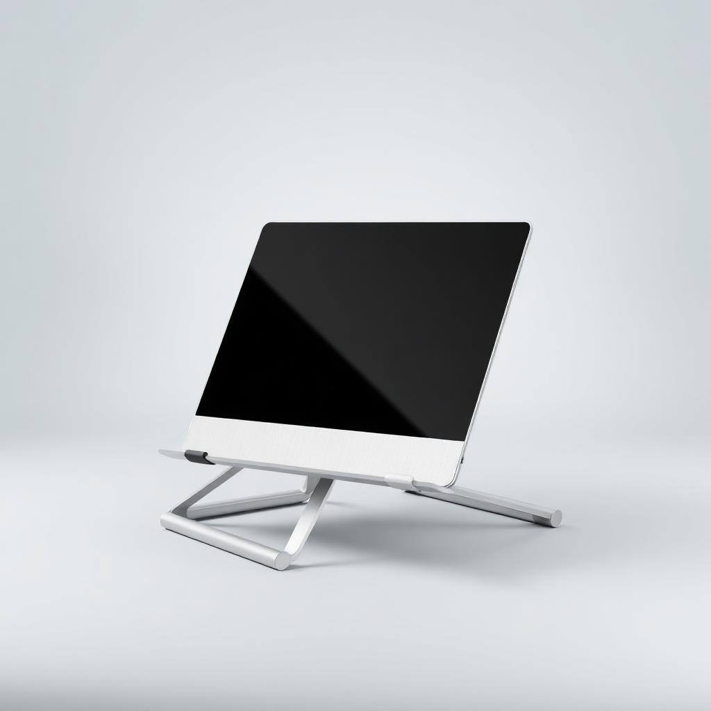 Silver aluminum adjustable laptop stand in a raised viewing position