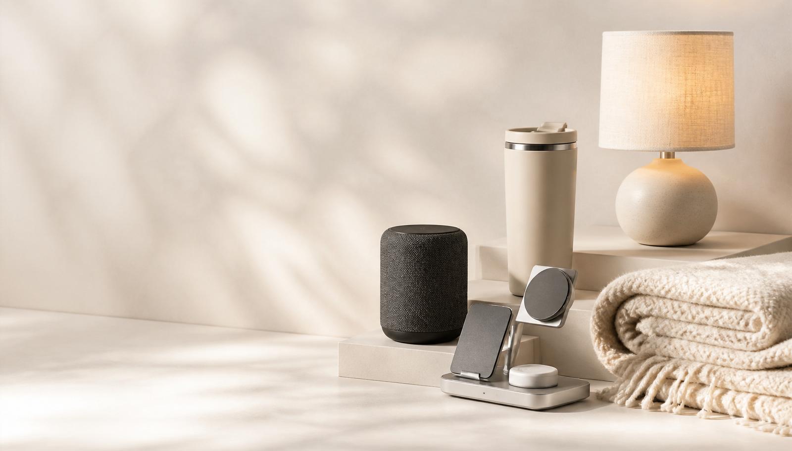 A grouping of everyday CartPay essentials — Bluetooth speaker, travel mug, folded throw, wireless charging stand, and table lamp — on a warm off-white studio surface